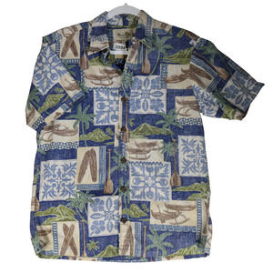 Paradise Bay Blue Shirt Mens Small Hawaiin Button Palm Trees Tropical Boats Oar